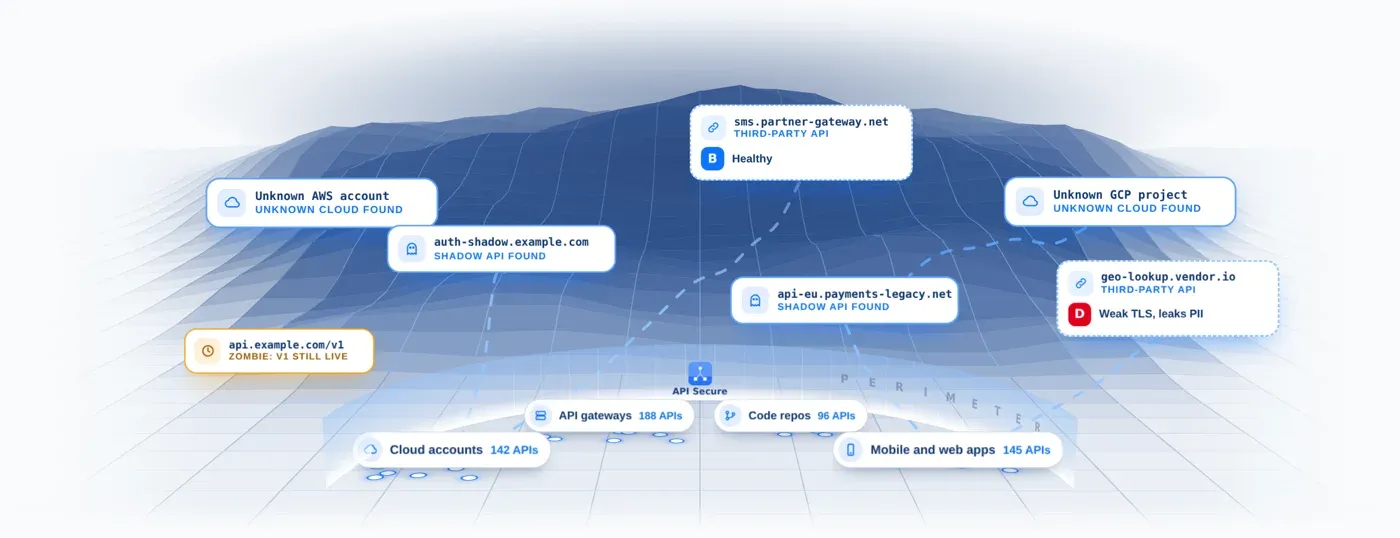 Terrain view: your known environment inside a perimeter wall, with shadow APIs, a zombie API, unknown clouds and third-party APIs found beyond it.